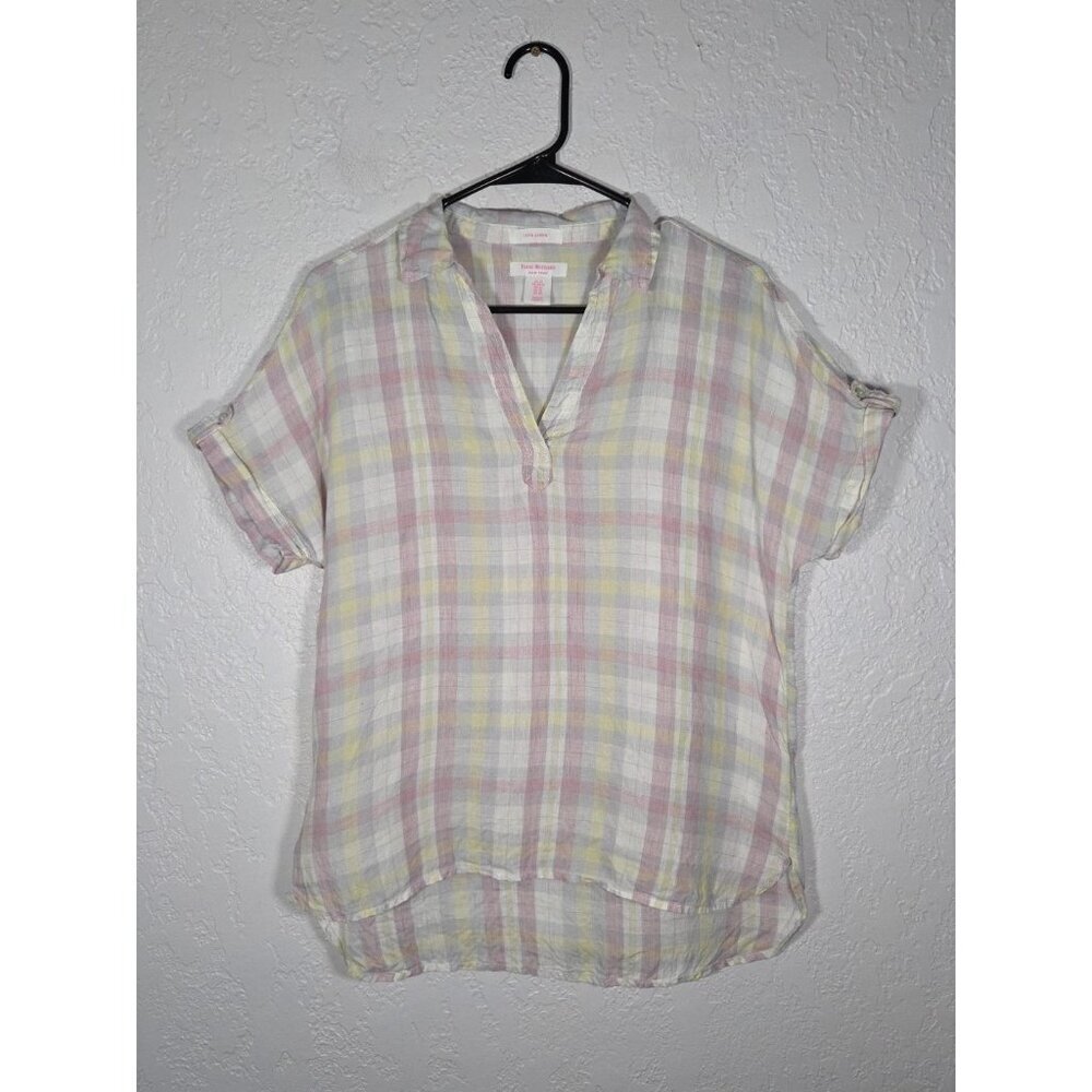 ISAAC MIZRAHI New York Womens 100% Linen Popover Tunic Top size XS Plaid